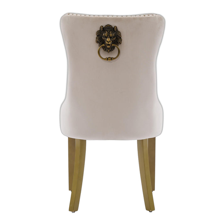 Set of Two Beige White And Gold Tufted Velvet And Solid Wood Dining Side Chairs