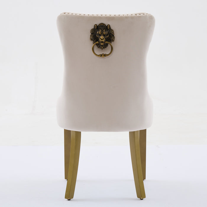 Set of Two Beige White And Gold Tufted Velvet And Solid Wood Dining Side Chairs