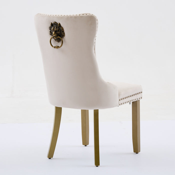 Set of Two Beige White And Gold Tufted Velvet And Solid Wood Dining Side Chairs