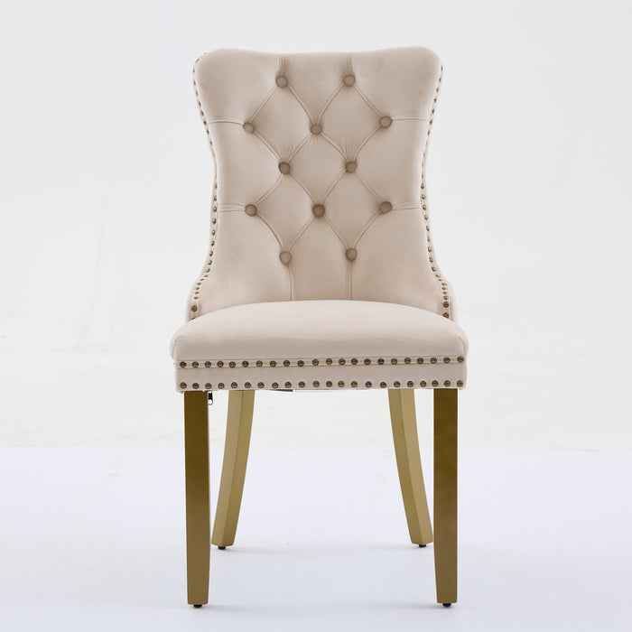 Set of Two Beige White And Gold Tufted Velvet And Solid Wood Dining Side Chairs