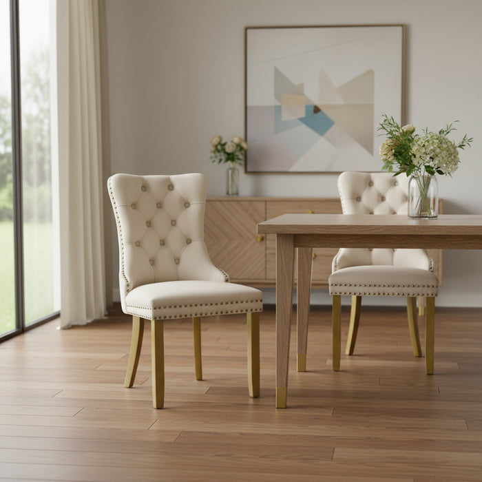 Set of Two Beige White And Gold Tufted Velvet And Solid Wood Dining Side Chairs