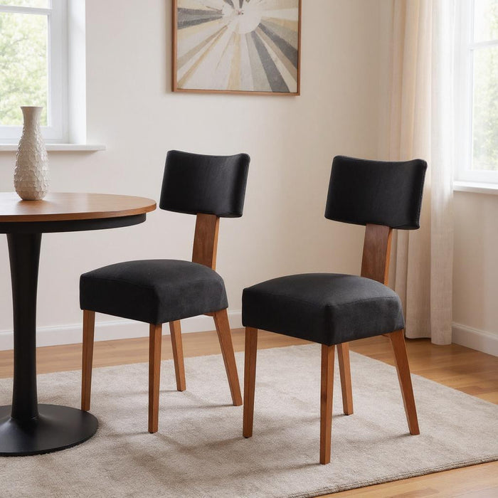 Set of Two Black And Brown Linen And Solid Wood Dining Side Chairs