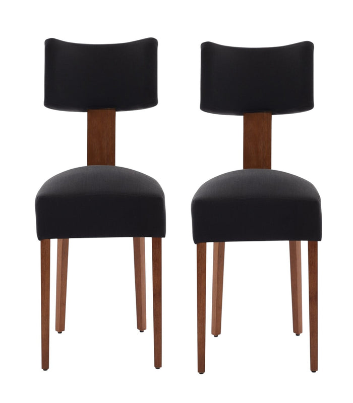 Set of Two Black And Brown Linen And Solid Wood Dining Side Chairs