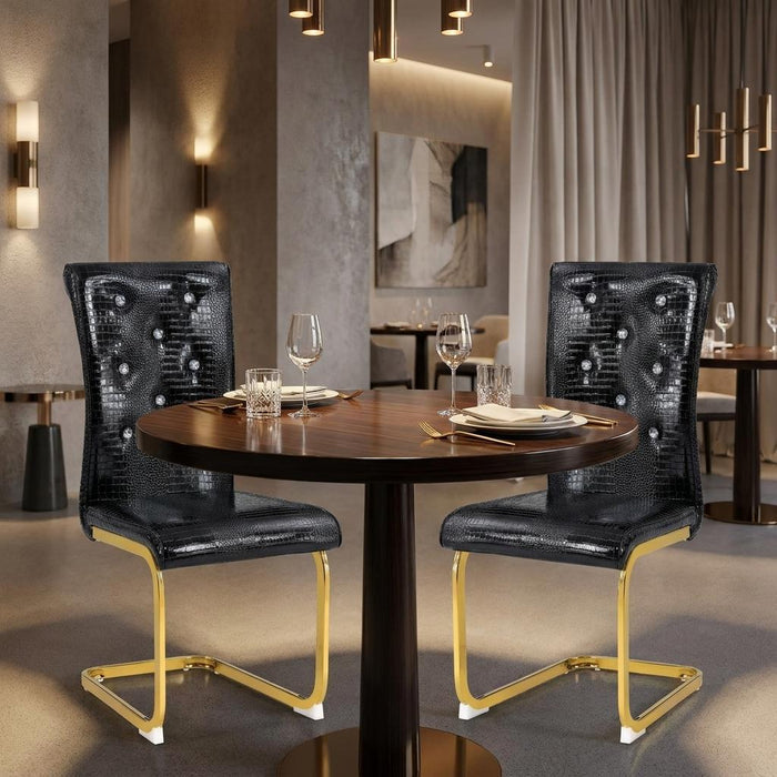 Set of Two Black And Gold Tufted Faux Leather And Metal Dining Side Chairs