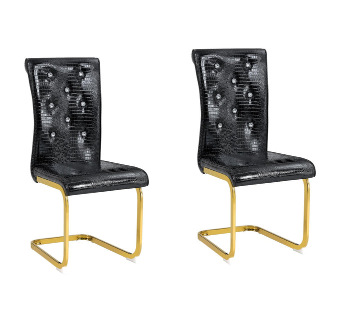 Set of Two Black And Gold Tufted Faux Leather And Metal Dining Side Chairs