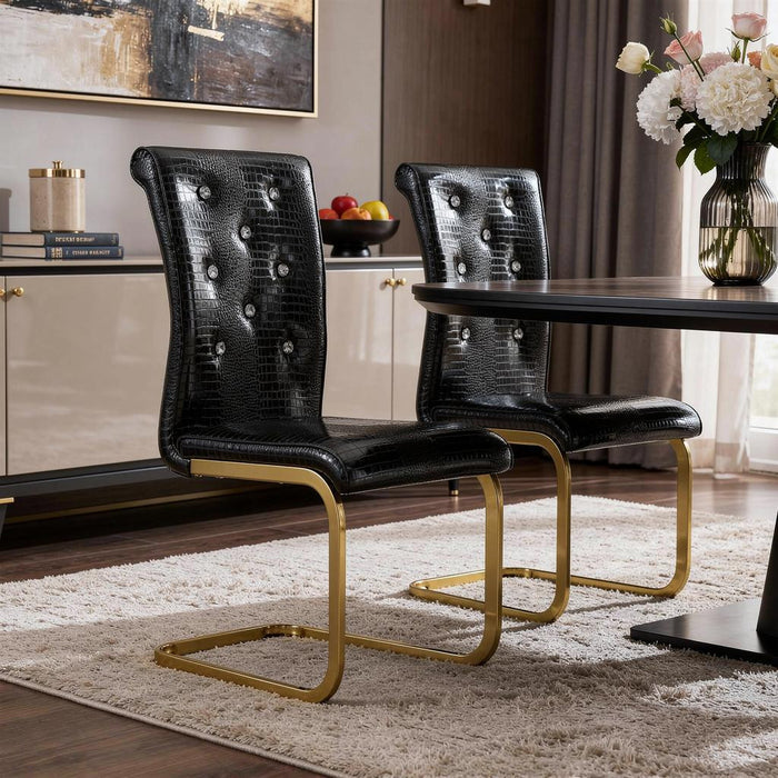 Set of Two Black And Gold Tufted Faux Leather And Metal Dining Side Chairs