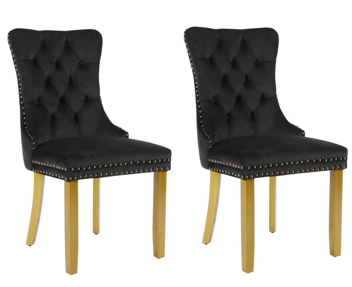 Set of Two Black And Gold Tufted Velvet And Solid Wood Dining Side Chairs