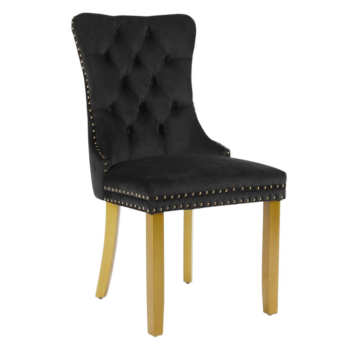 Set of Two Black And Gold Tufted Velvet And Solid Wood Dining Side Chairs