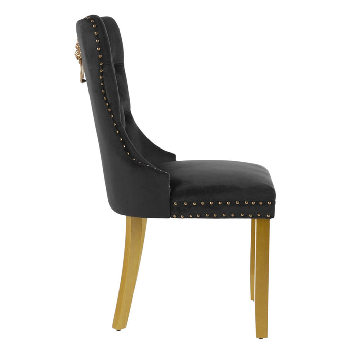 Set of Two Black And Gold Tufted Velvet And Solid Wood Dining Side Chairs