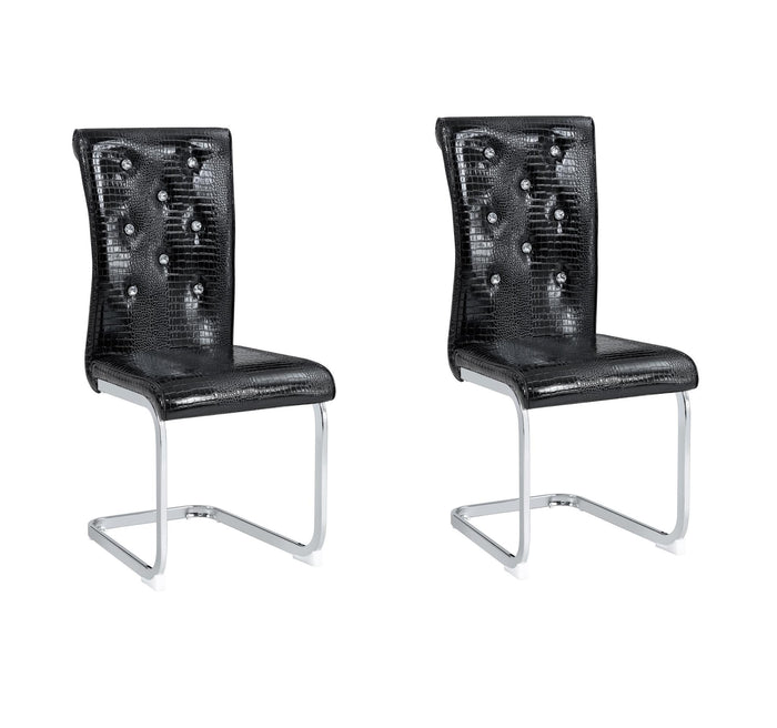 Set of Two Black And Silver Tufted Faux Leather And Metal Dining Side Chairs