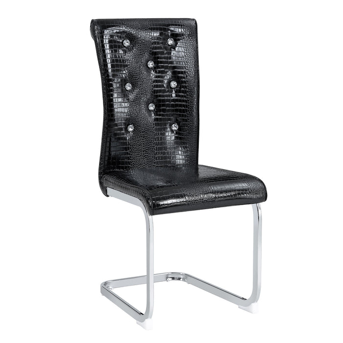 Set of Two Black And Silver Tufted Faux Leather And Metal Dining Side Chairs