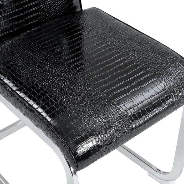 Set of Two Black And Silver Tufted Faux Leather And Metal Dining Side Chairs