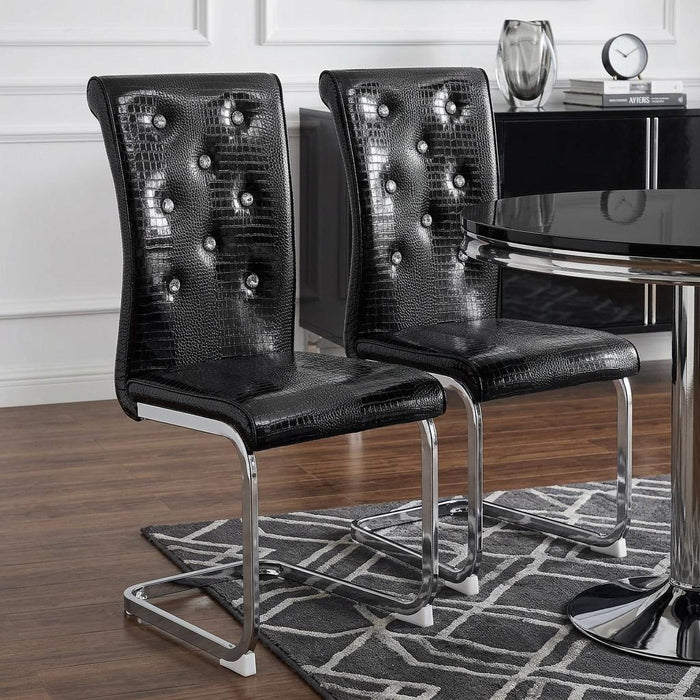 Set of Two Black And Silver Tufted Faux Leather And Metal Dining Side Chairs