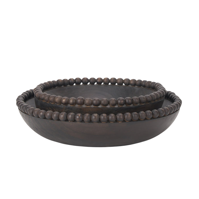 Set of Two Black Solid Wood Beaded Edge Round Centerpiece Bowls