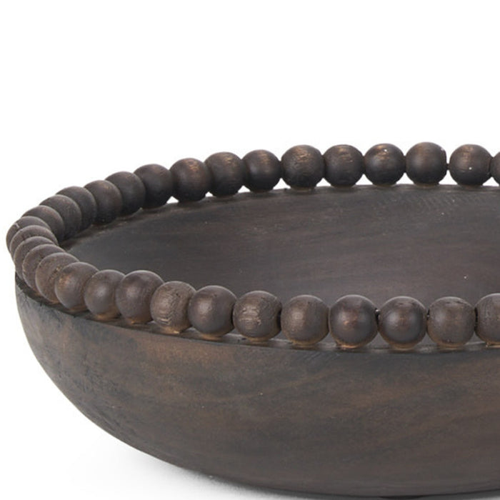 Set of Two Black Solid Wood Beaded Edge Round Centerpiece Bowls