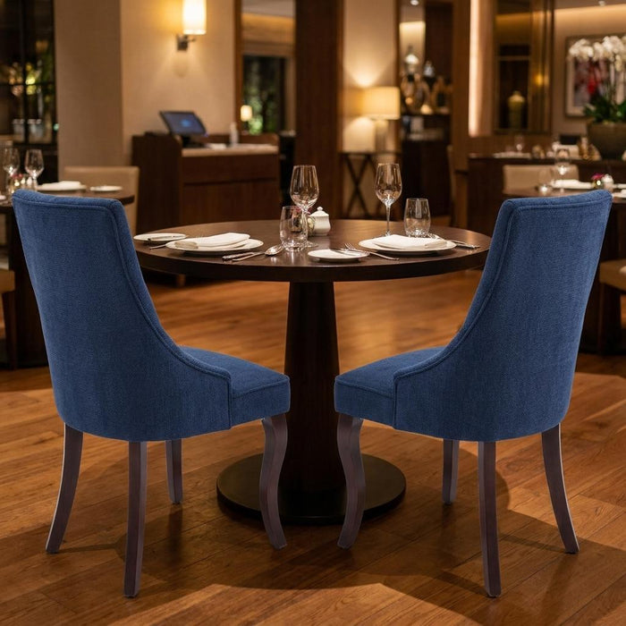 Set of Two Blue And Brown Linen And Solid Wood Dining Side Chairs