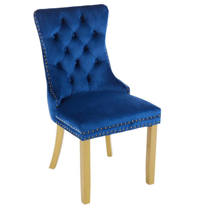 Set of Two Blue And Gold Tufted Velvet And Solid Wood Dining Side Chairs