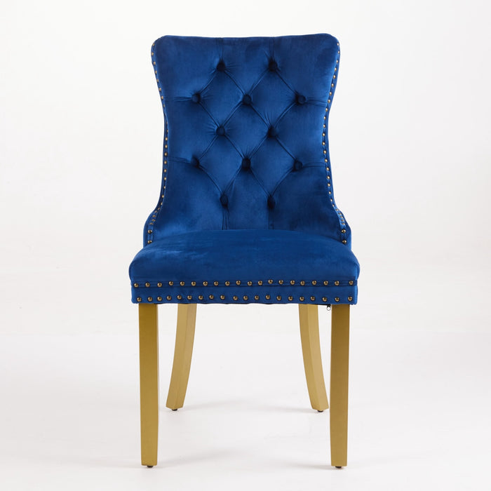 Set of Two Blue And Gold Tufted Velvet And Solid Wood Dining Side Chairs