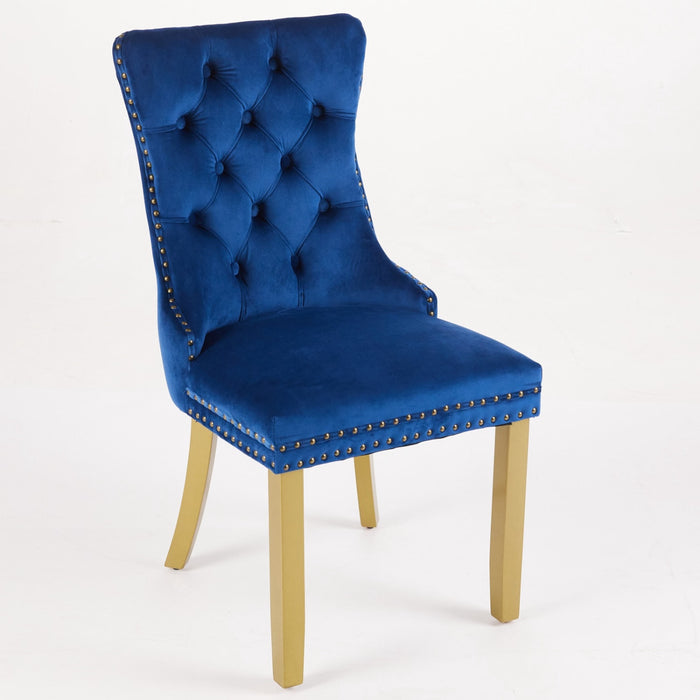 Set of Two Blue And Gold Tufted Velvet And Solid Wood Dining Side Chairs
