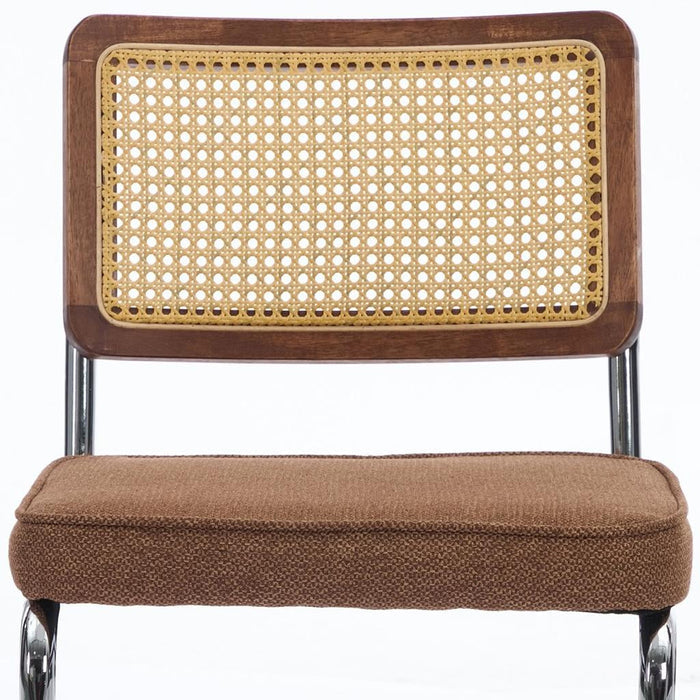 Set of Two Brown Natural And Silver Velvet Rattan And Stainless Steel Dining Chairs