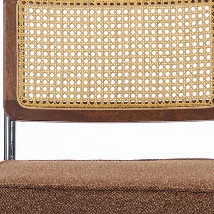 Set of Two Brown Natural And Silver Velvet Rattan And Stainless Steel Dining Chairs