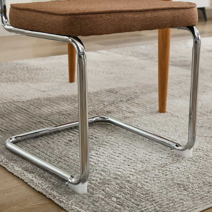 Set of Two Brown Natural And Silver Velvet Rattan And Stainless Steel Dining Chairs