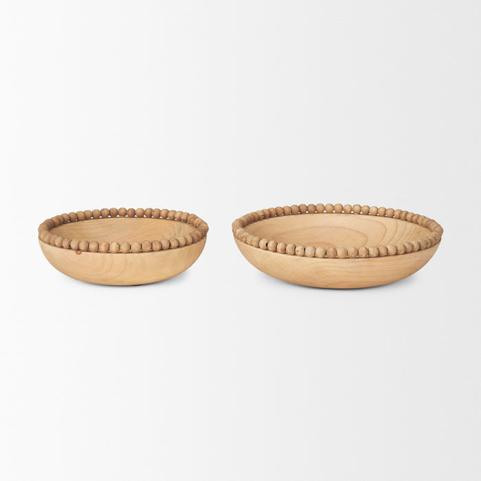 Set of Two Brown Solid Wood Beaded Edge Round Centerpiece Bowl