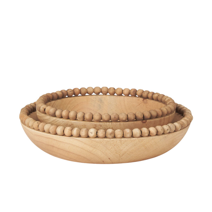 Set of Two Brown Solid Wood Beaded Edge Round Centerpiece Bowl