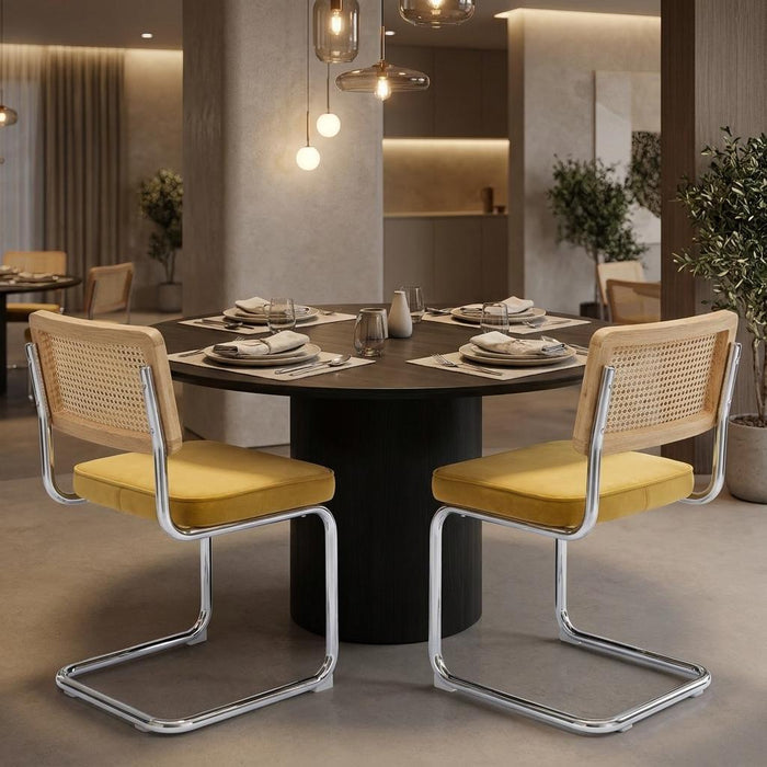 Set of Two Gold Natural And Silver Velvet Rattan And Stainless Steel Dining Chairs