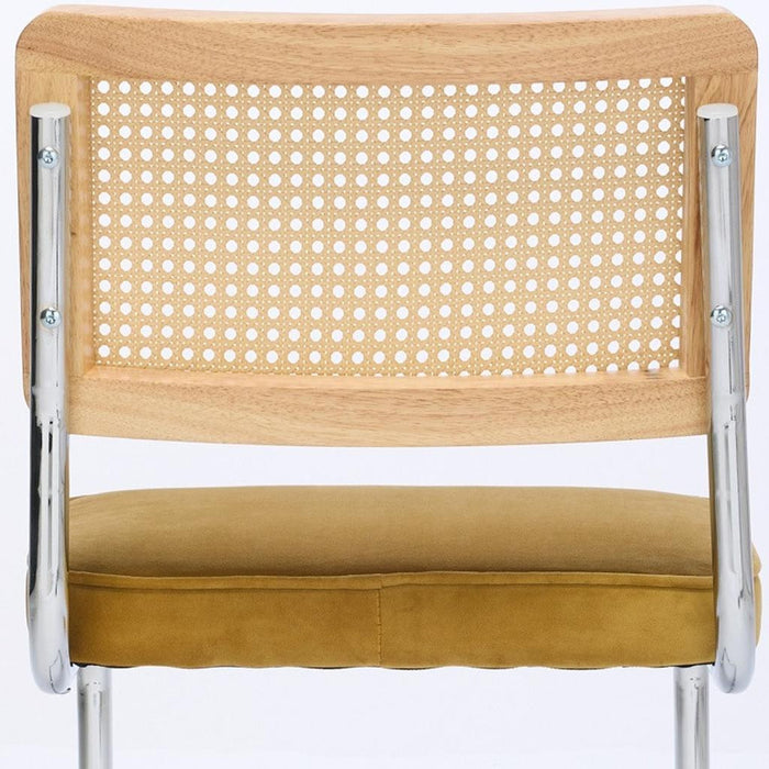 Set of Two Gold Natural And Silver Velvet Rattan And Stainless Steel Dining Chairs