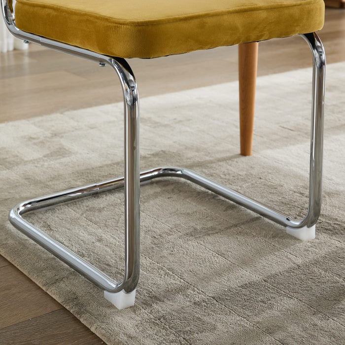 Set of Two Gold Natural And Silver Velvet Rattan And Stainless Steel Dining Chairs