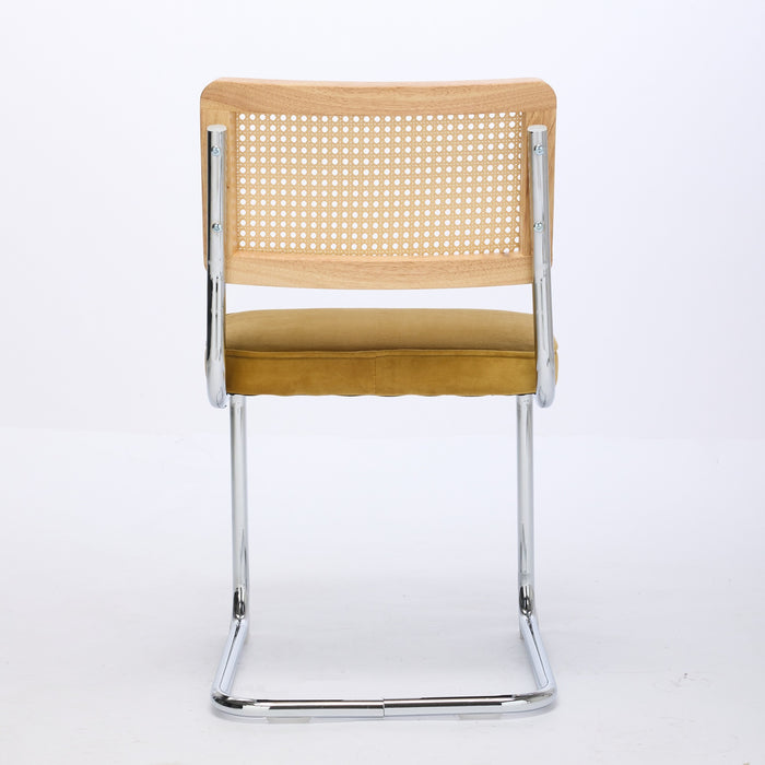 Set of Two Gold Natural And Silver Velvet Rattan And Stainless Steel Dining Chairs