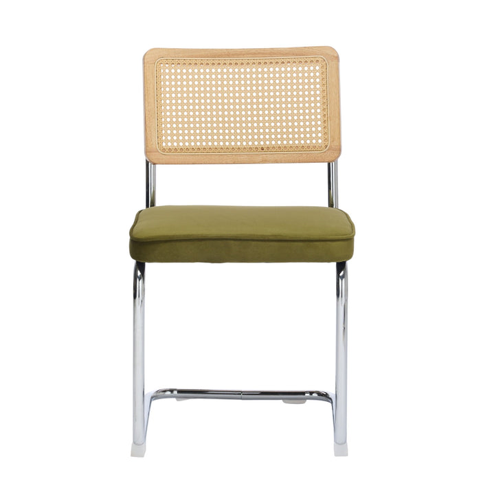 Set of Two Green Natural And Silver Velvet Rattan And Stainless Steel Dining Chairs