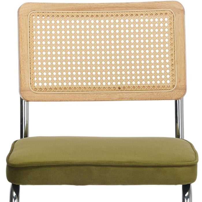 Set of Two Green Natural And Silver Velvet Rattan And Stainless Steel Dining Chairs