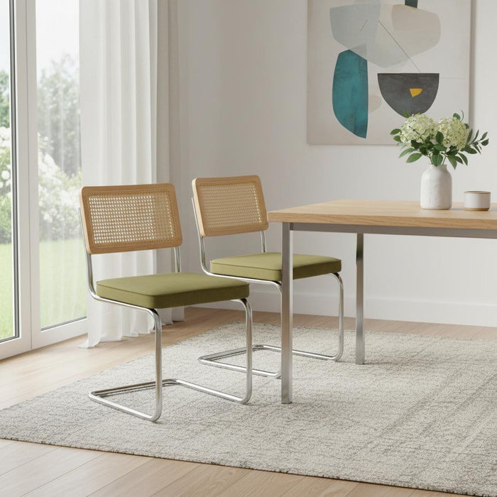 Set of Two Green Natural And Silver Velvet Rattan And Stainless Steel Dining Chairs