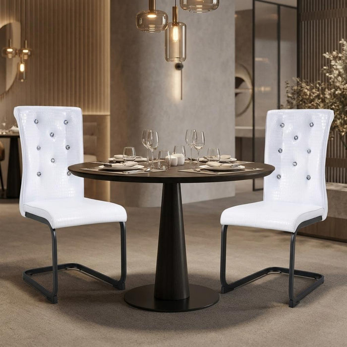Set of Two White And Black Tufted Faux Leather And Metal Dining Side Chairs