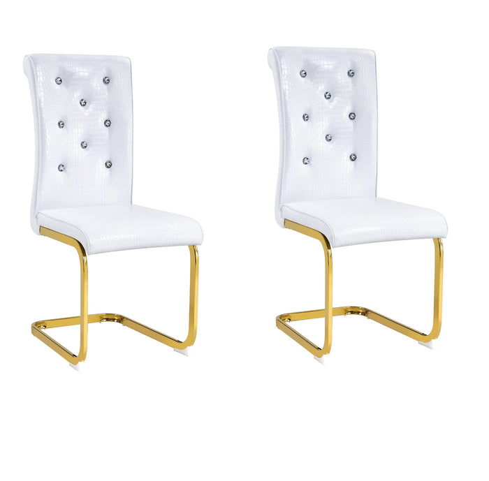 Set of Two White And Gold Tufted Faux Leather And Metal Dining Side Chairs