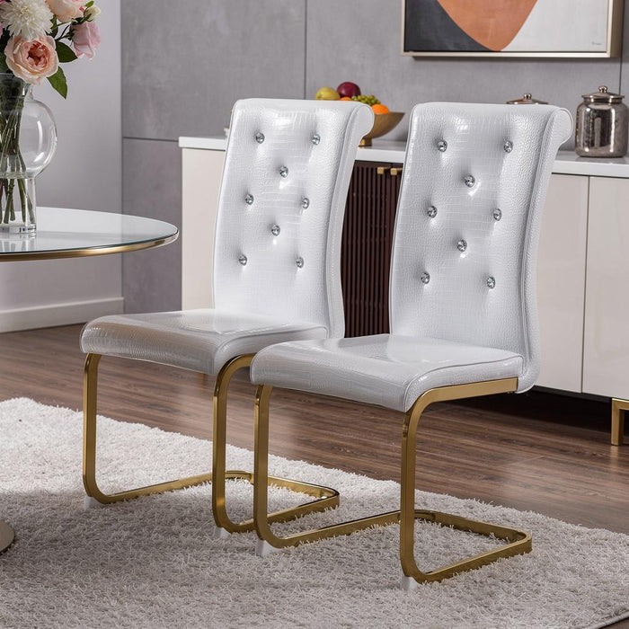 Set of Two White And Gold Tufted Faux Leather And Metal Dining Side Chairs