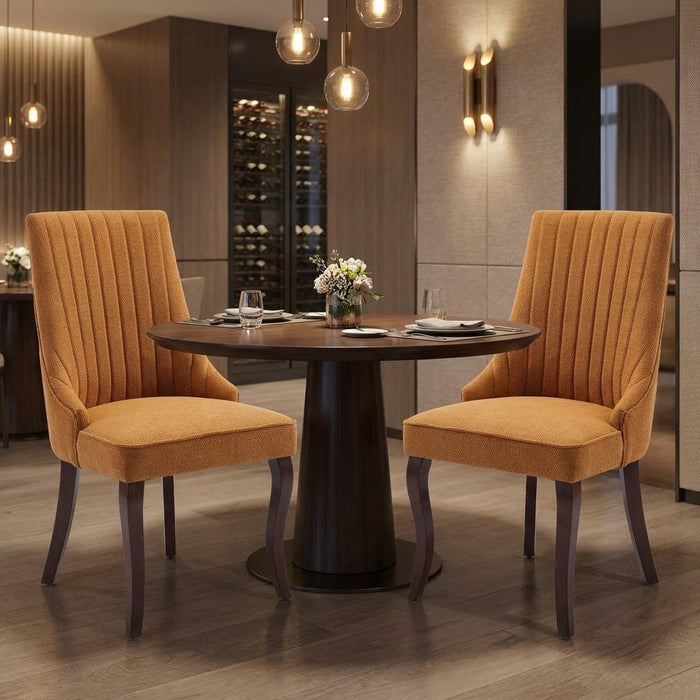 Set of Two Yellow And Brown Linen And Solid Wood Dining Side Chairs