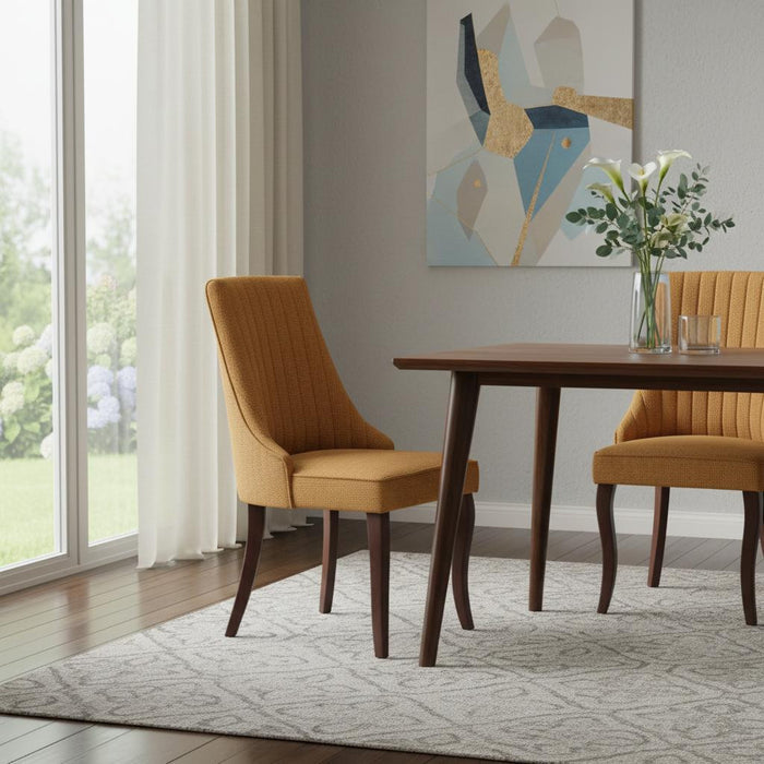 Set of Two Yellow And Brown Linen And Solid Wood Dining Side Chairs