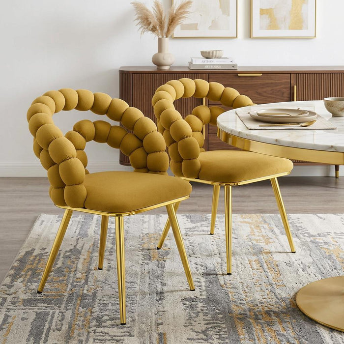 Set of Two Yellow And Gold Velvet And Metal Open Back Dining Arm Chairs
