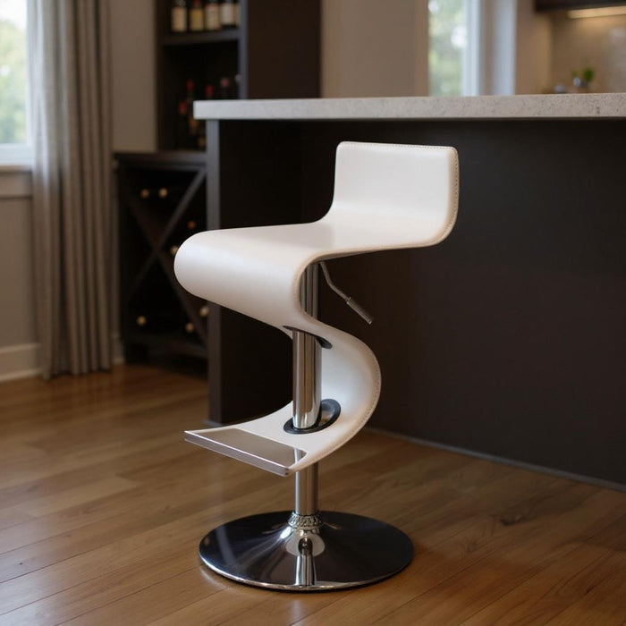 White And Silver Faux Leather And Metal Low Back Adjustable Height Bar Chair